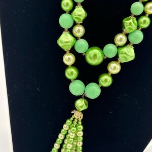Vintage 1950s Japan Green Double Strand Bead Necklace Set Tassel Drop Clip Earri